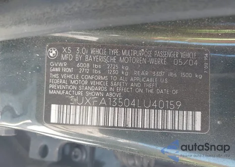2004 BMW X5 3.0I from USA, damaged, VIN 5UXFA13504LU40159
